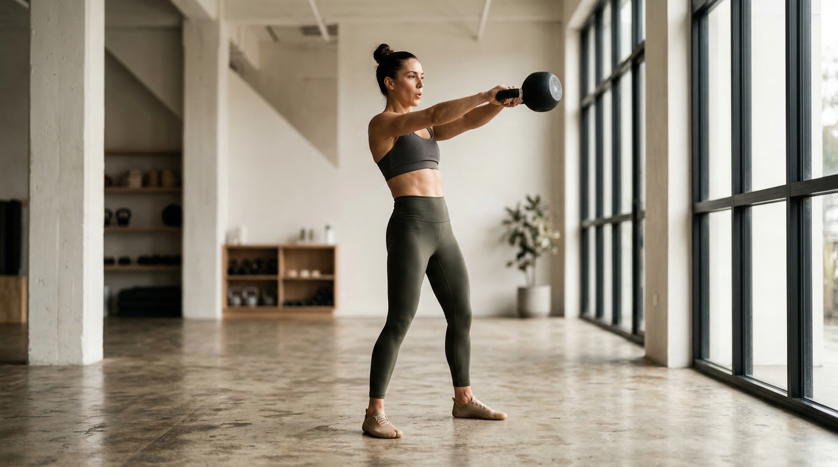 Athlete performing a kettlebell swing in a bright modern gym