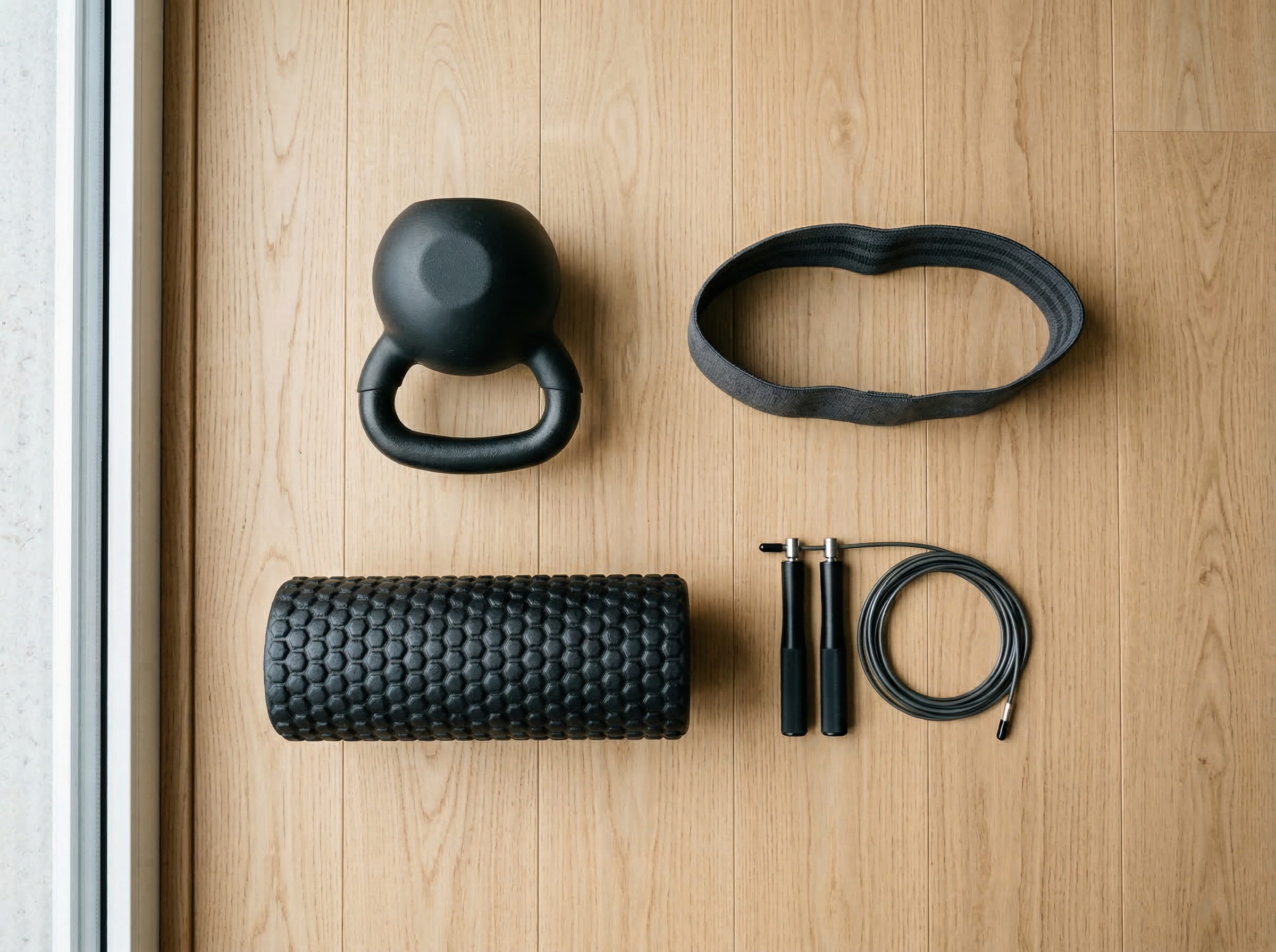 Training equipment neatly arranged — kettlebell, resistance band, foam roller, jump rope